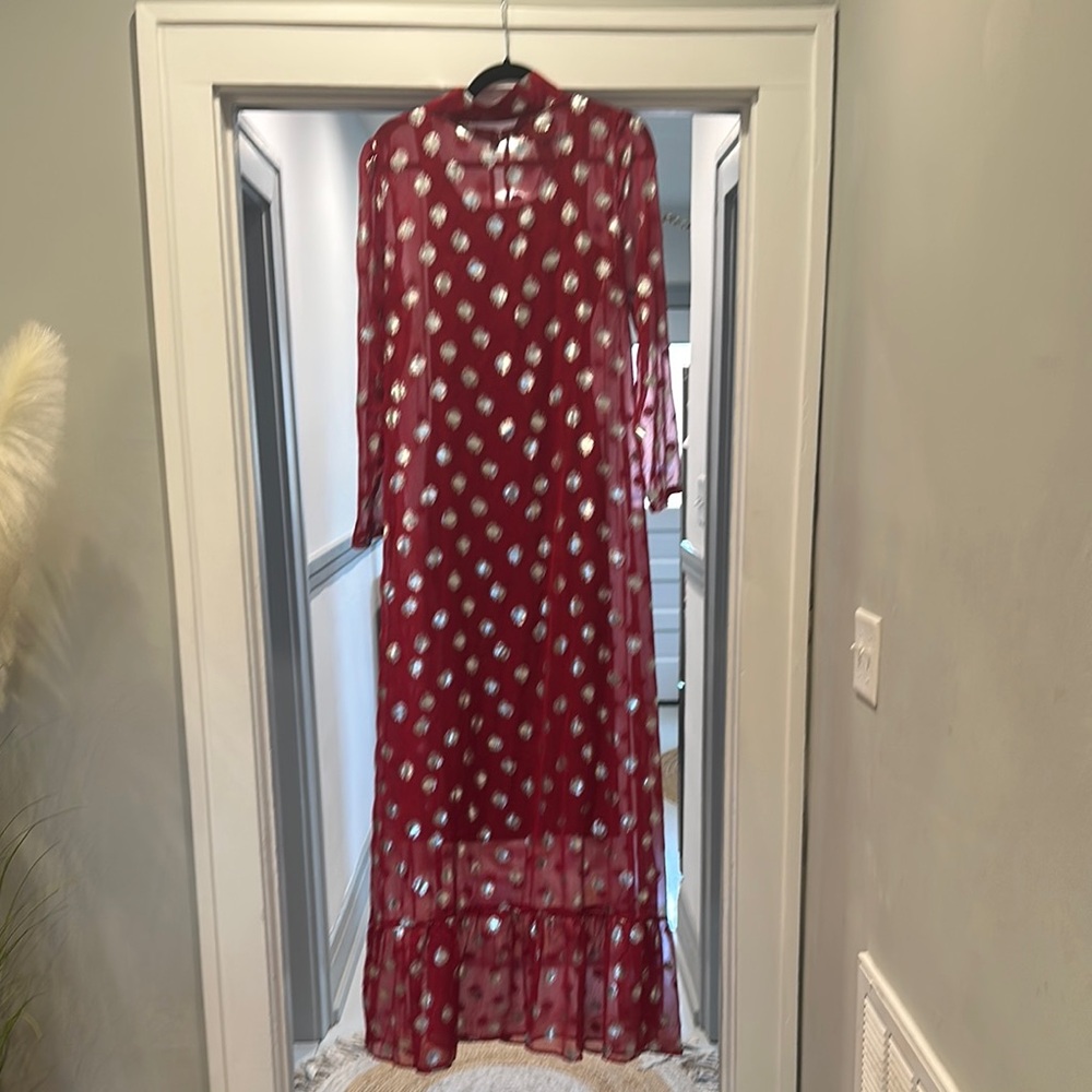 Retro meets Glam long sleeved sheer red dress with silver metallic accent. Sz S